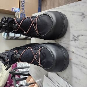 Black and Pink Winter Rain Boots with Rugged Sole